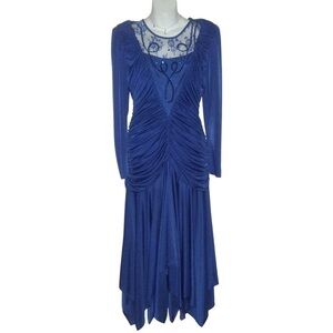 Vintage 70's Filigree Dress Blue Stevie Nicks Balletcore Lace Sequin Beads Pearl